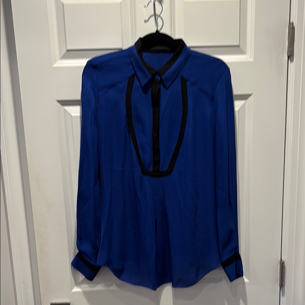 L.A.M.B. Blue V-Neck Long Sleeve Blouse with Bib Collar